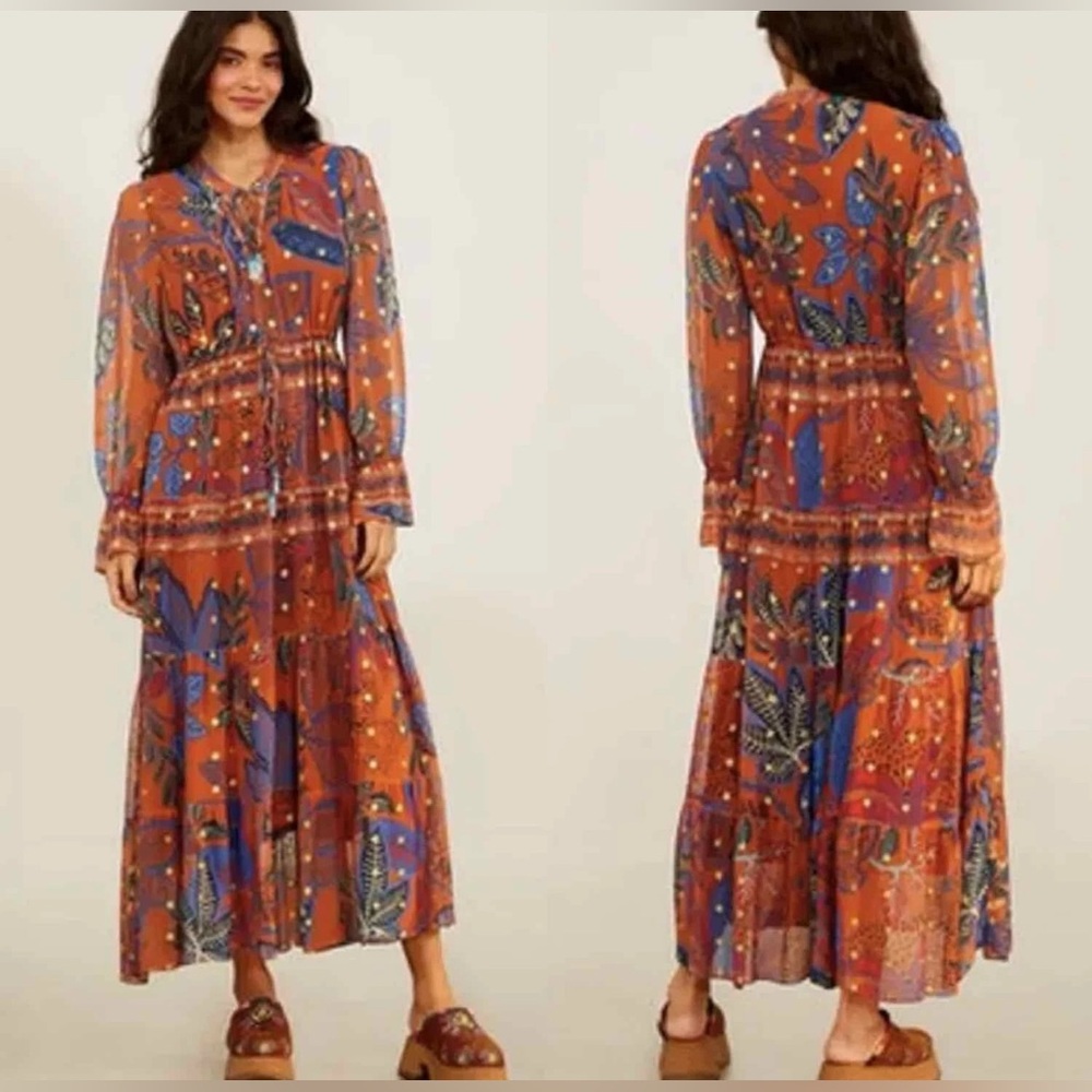 FARM Rio Rust Orange Floral Long Sleeve Maxi Dress with Blue Accents